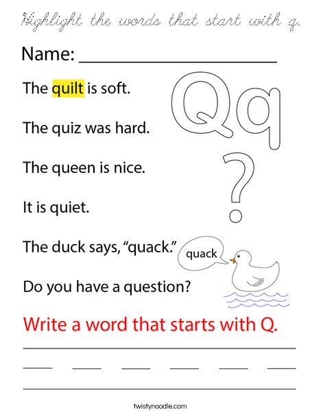 Highlight the words that start with q. Coloring Page