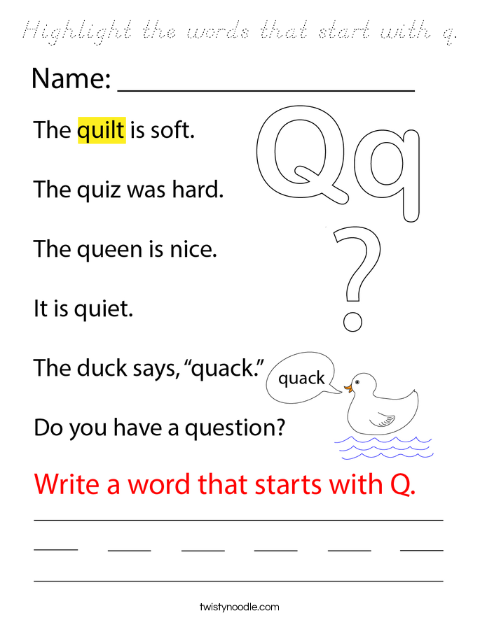 Highlight the words that start with q. Coloring Page