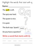 Highlight the words that start with q. Coloring Page