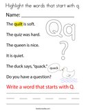 Highlight the words that start with q Coloring Page