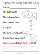 Highlight the words that start with q Coloring Page