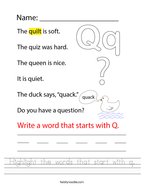 Highlight the words that start with q Handwriting Sheet