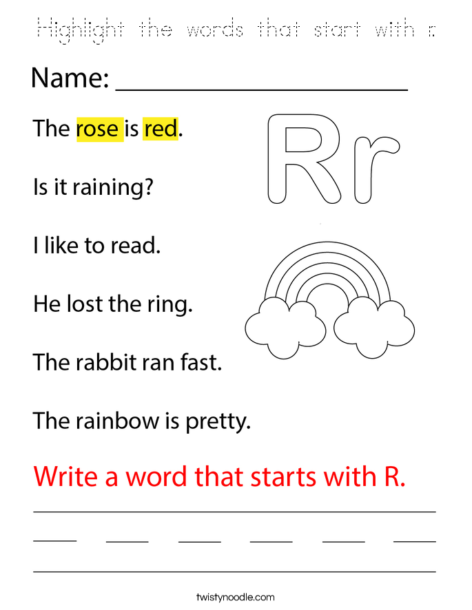 Highlight the words that start with r. Coloring Page