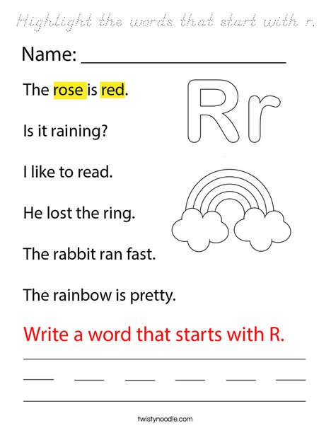 Highlight the words that start with r. Coloring Page