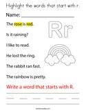Highlight the words that start with r Coloring Page
