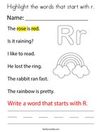 Highlight the words that start with r Coloring Page