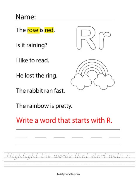Highlight the words that start with r. Worksheet