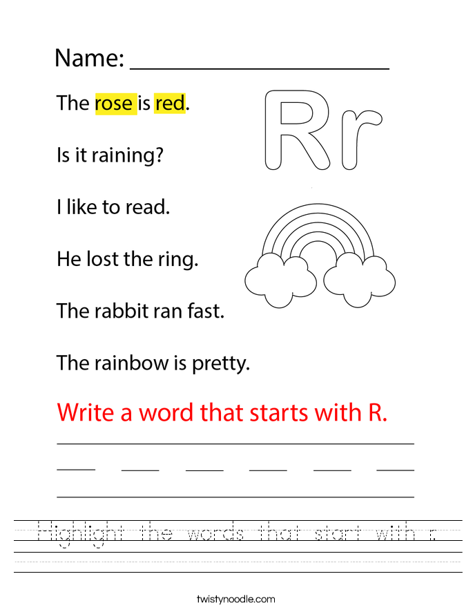 Highlight the words that start with r. Worksheet
