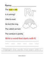 Highlight the words that start with r Handwriting Sheet