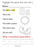 Highlight the words that start with s Coloring Page
