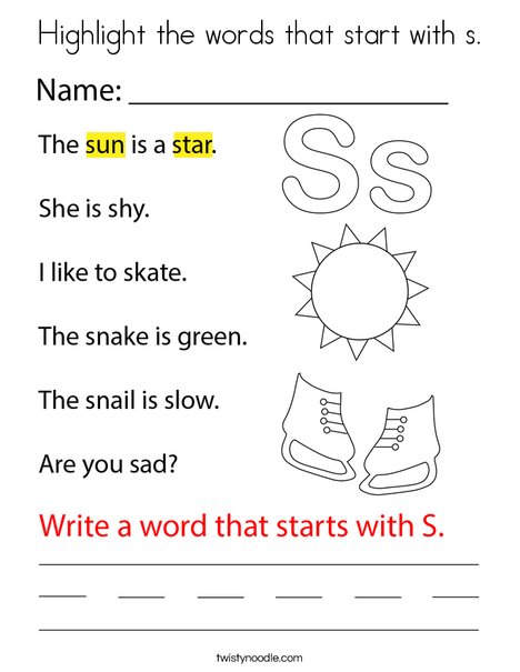Highlight the words that start with s. Coloring Page