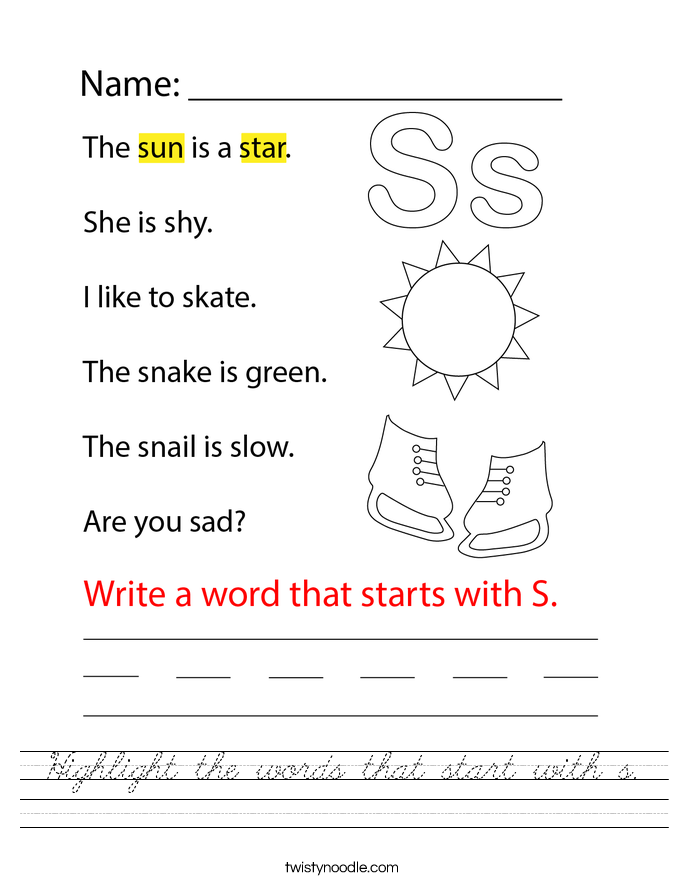 Highlight the words that start with s. Worksheet