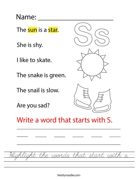 Highlight the words that start with s. Worksheet