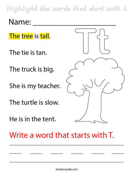 Highlight the words that start with t. Coloring Page