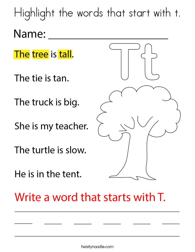 Highlight the words that start with t. Coloring Page