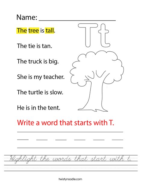 Highlight the words that start with t. Worksheet