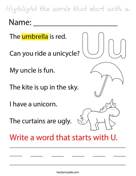 Highlight the words that start with u. Coloring Page