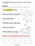 Highlight the words that start with u. Coloring Page