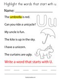 Highlight the words that start with u Coloring Page