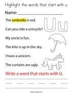 Highlight the words that start with u Coloring Page