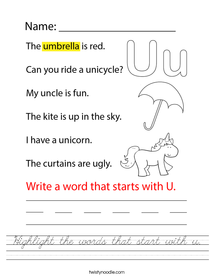 Highlight the words that start with u. Worksheet