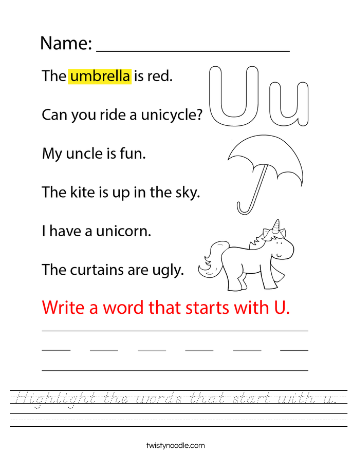 Highlight the words that start with u. Worksheet