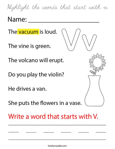 Highlight the words that start with v. Coloring Page