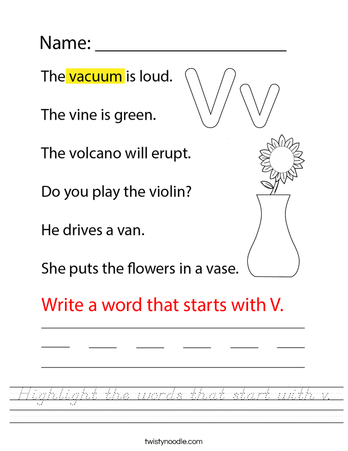 Highlight the words that start with v. Worksheet