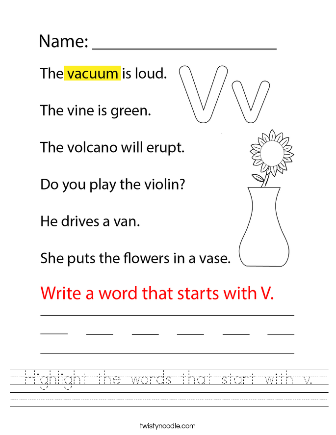 Highlight the words that start with v. Worksheet