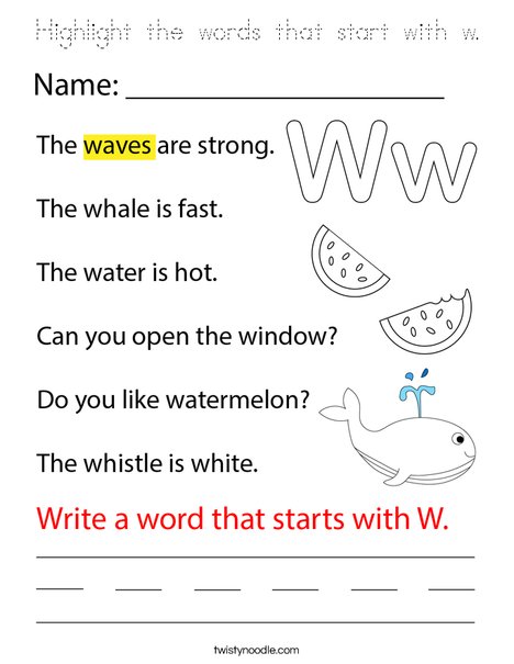 Highlight the words that start with w. Coloring Page