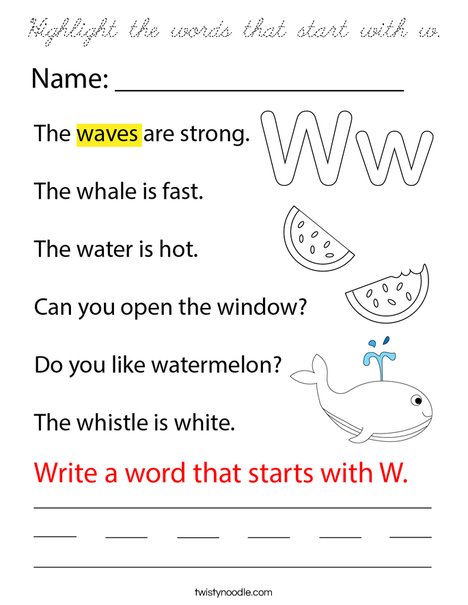 Highlight the words that start with w. Coloring Page