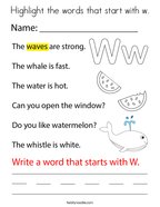 Highlight the words that start with w Coloring Page