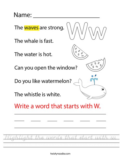 Highlight the words that start with w. Worksheet