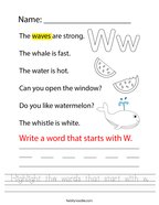 Highlight the words that start with w Handwriting Sheet