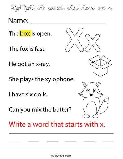 Highlight the words that start with x. Coloring Page