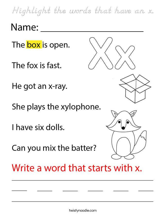Highlight the words that have an x. Coloring Page
