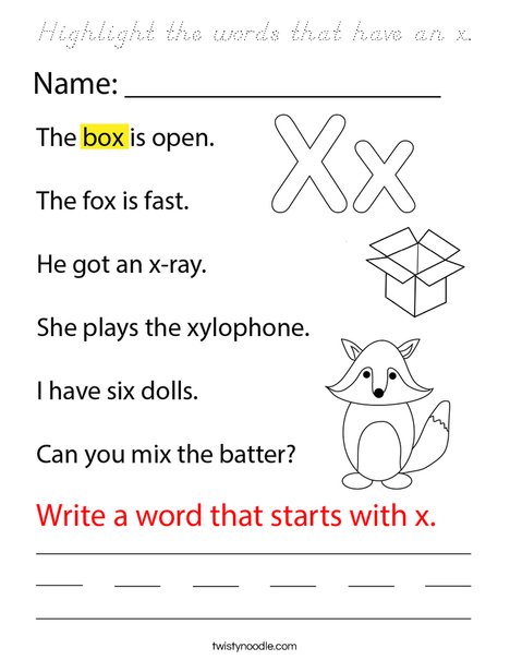 Highlight the words that start with x. Coloring Page