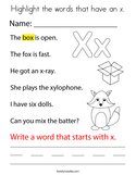 Highlight the words that have an x Coloring Page