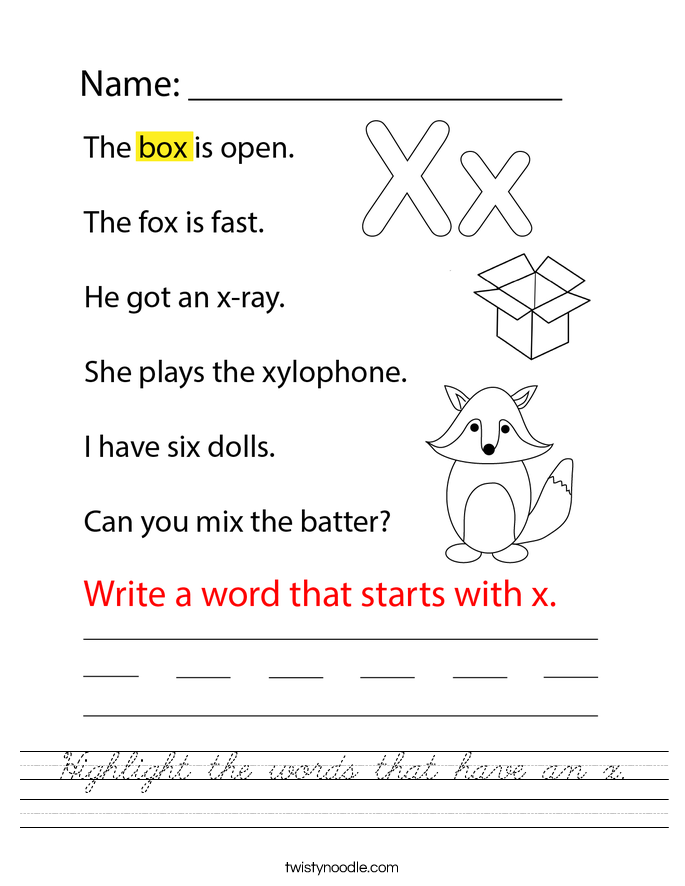 Highlight the words that have an x. Worksheet