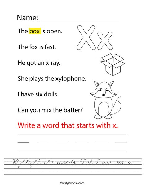 Highlight the words that start with x. Worksheet