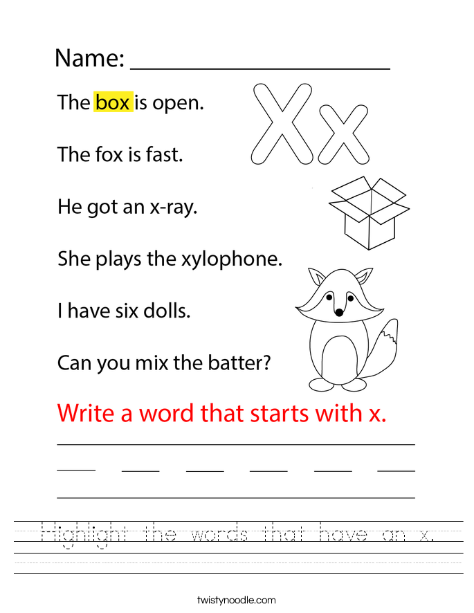 Highlight the words that have an x. Worksheet