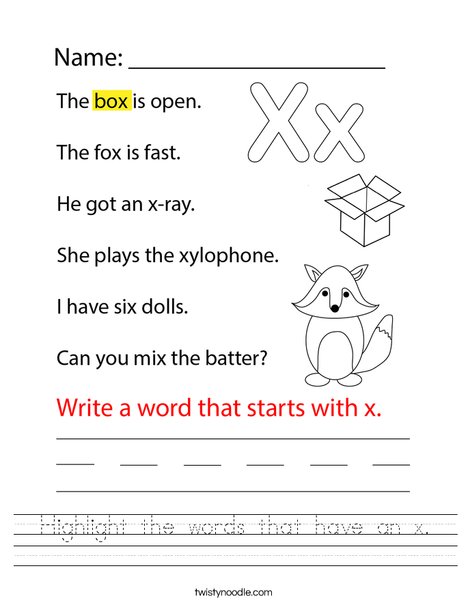 Highlight the words that start with x. Worksheet