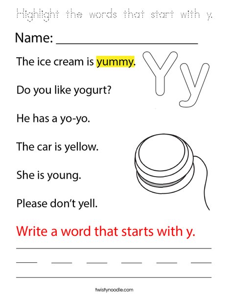 Highlight the words that start with y. Coloring Page