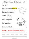 Highlight the words that start with y. Coloring Page
