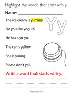 Highlight the words that start with y Coloring Page