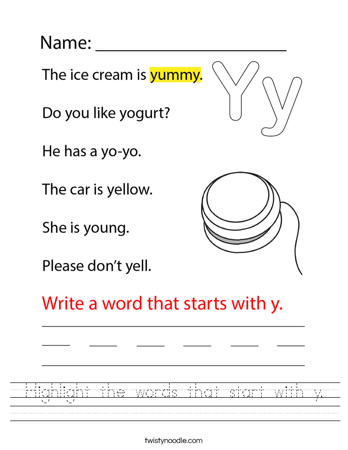 Highlight the words that start with y. Worksheet