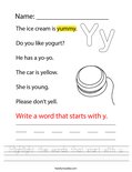 Highlight the words that start with y. Worksheet