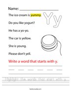 Highlight the words that start with y Handwriting Sheet