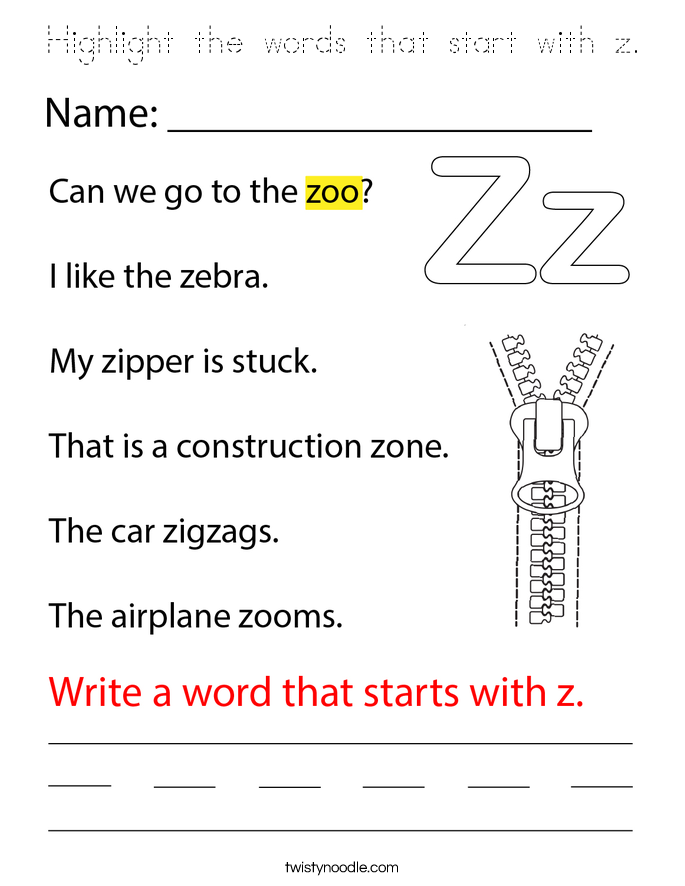 Highlight the words that start with z. Coloring Page