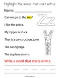 Highlight the words that start with z. Coloring Page